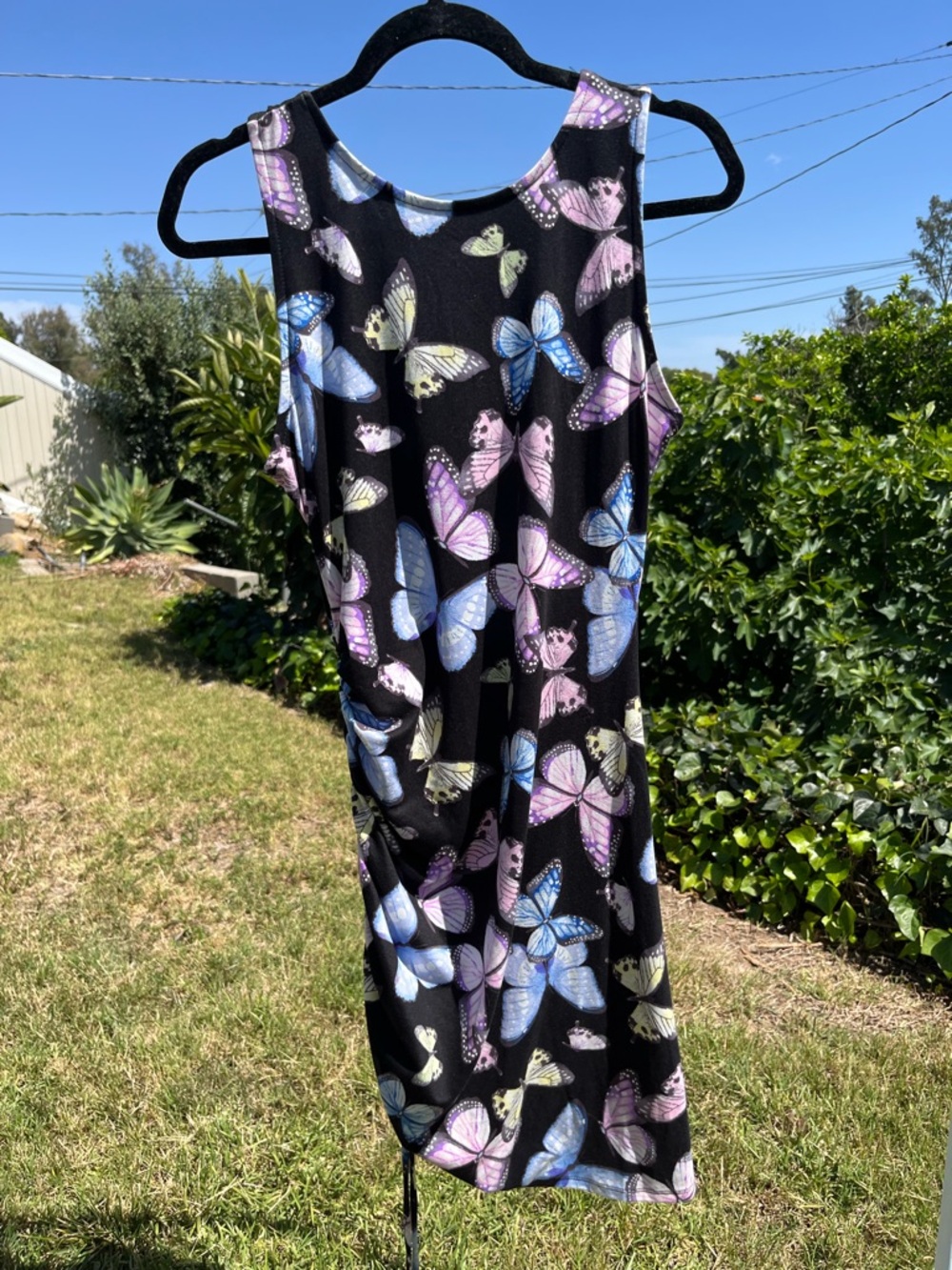 Haute Monde Black Mini Dress with Blue & Purple Butterfly Print size large
